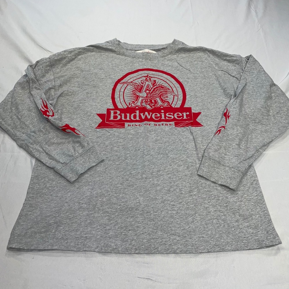 PacSun Budweiser Long Sleeve Graphic T-Shirt Gray Red Flame Logo Mens Small